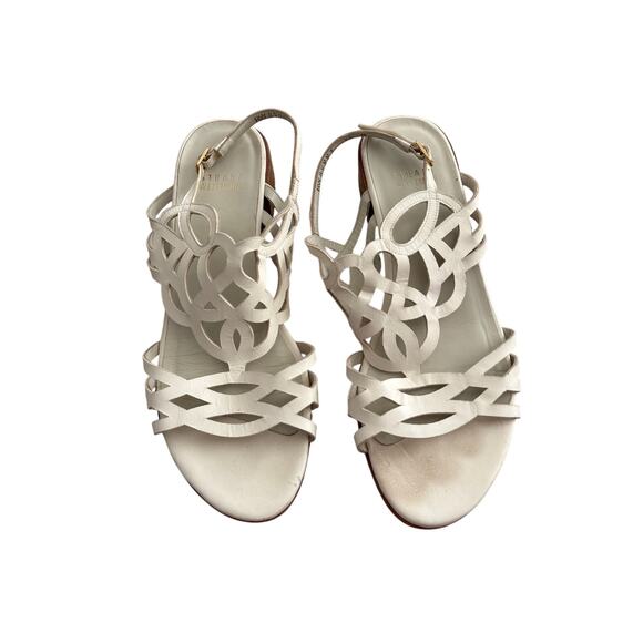 Stuart Weitzman White Cutout Leather Sandals Block Heel Size 7 - Picture 1 of 4